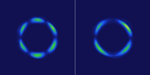 These images show light patterns generated by a rhenium-based crystal using a laser method called optical second-harmonic rotational anisotropy At left, the pattern comes from the atomic lattice of the crystal At right, the crystal has become a 3-D quantu These images show light patterns generated by a rhenium-based crystal using a laser method called optical second-harmonic rotational anisotropy At left, the pattern comes from the atomic lattice of the crystal At right, the crystal has become a 3-D quantu