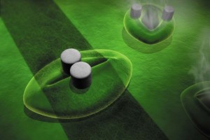 Artists impression of the sensor comprised of conductive ink printed across a stoma with two micropillars Image Betsy Skrip Artists impression of the sensor comprised of conductive ink printed across a stoma with two micropillars Image Betsy Skrip