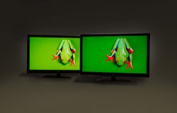 The 47-inch HDTV on the right has been modified with Nanosys QDEF technology It shows a much wider range of colours