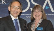 OSA President Donna Strickland right, presents the 2013 Advocate of Optics honor to US Secretary of Energy Steven Chu in Washington, DC