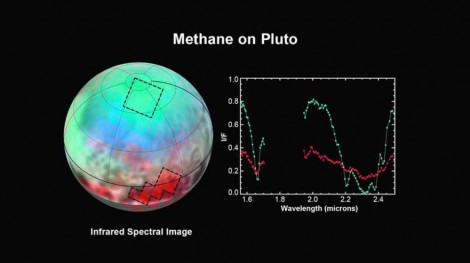 Map of Pluto's composition assembled from spectroscopic images taken by the LEISA instrument