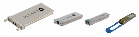 Four generations of 100G pluggable client side transceivers: CFP, CFP2, CFP4, and QSFP28 (left to right).
