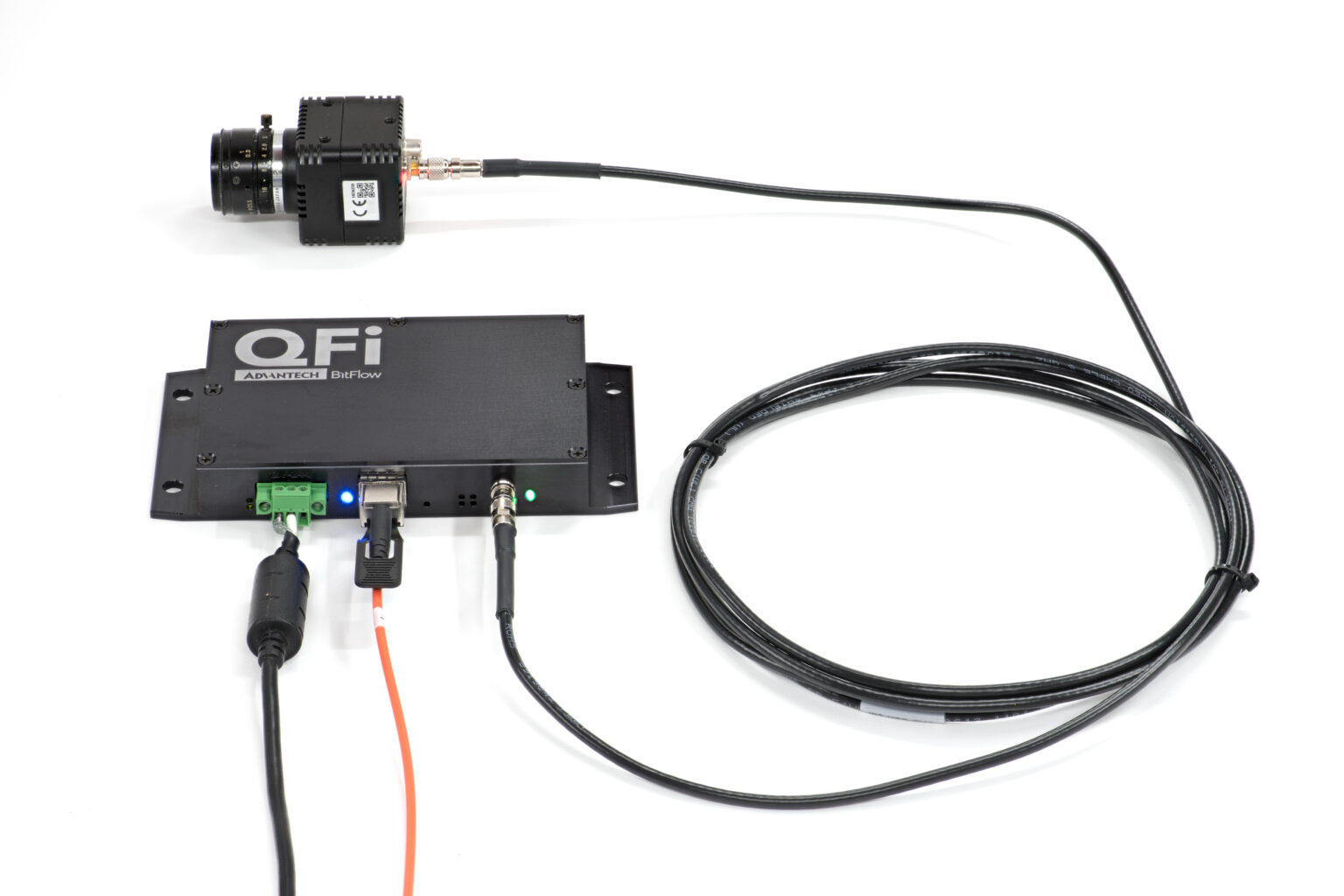 BitFlow QFi connects directly to a camera via normal CXP on coax and can also power the camera. It uses CoaXPress over Fiber (CoF) on the frame grabber side. CoF can run many kilometers on low cost fiber cables. The fiber then plugs directly in to the BitFlow Claxon fiber frame grabber.