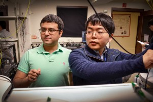 Mechanical science and engineering professor Gaurav Bahl, left, and graduate student Seunghwi Kim confirmed that backscattered light waves can be suppressed to reduce data loss in optical communications systems Photo courtesy Julia Stackler Mechanical science and engineering professor Gaurav Bahl, left, and graduate student Seunghwi Kim confirmed that backscattered light waves can be suppressed to reduce data loss in optical communications systems Photo courtesy Julia Stackler