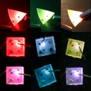 The top row is a GaNEu LED, which can be tuned from red-yellow due to red and green light mixing from different Eu states The middle and bottom rows are of a GaNEu LED with additionally added SiMg, which adds blue emission Each picture is under a differen The top row is a GaNEu LED, which can be tuned from red-yellow due to red and green light mixing from different Eu states The middle and bottom rows are of a GaNEu LED with additionally added SiMg, which adds blue emission Each picture is under a differen