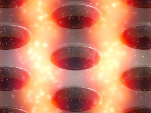 The computer simulation shows how the electromagnetic field is distributed in the silicon layer with hole pattern after excitation with a laser Here, stripes with local field maxima are formed, so that quantum dots shine particularly strongly Picture C Ba The computer simulation shows how the electromagnetic field is distributed in the silicon layer with hole pattern after excitation with a laser Here, stripes with local field maxima are formed, so that quantum dots shine particularly strongly Picture C Ba