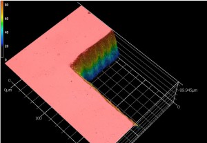 3D laser scanning confocal microscope image of a sapphire wafer 450 microns thick A square feature was machined in the wafer with an ultrafast laser while controlling the AOI with the Hybrid Hexapod The result is a wall taper angle of less than 05 degrees 3D laser scanning confocal microscope image of a sapphire wafer 450 microns thick A square feature was machined in the wafer with an ultrafast laser while controlling the AOI with the Hybrid Hexapod The result is a wall taper angle of less than 05 degrees