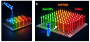 Processing of samples a, drop-casting an aqueous solution of CDs onto the surfaces of the GaN, GaP and Si nanowires b, an illustration of GaN, GaP and Si nanowires decorated with carbon dots Credit Valeriy M Kondratev et al