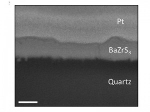 Scanning electron microscopy image of a BaZrS3 film deposited on quartz Scanning electron microscopy image of a BaZrS3 film deposited on quartz