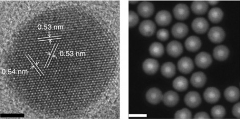 At left is a high-resolution transmission electron microscope image of a nanoparticle measuring 8 nanometers in diameter, with a 4-nanometer-thick shell. The scale bar is 5 nanometers. At right is a scanning transmission electron microscope image showing At left is a high-resolution transmission electron microscope image of a nanoparticle measuring 8 nanometers in diameter, with a 4-nanometer-thick shell. The scale bar is 5 nanometers. At right is a scanning transmission electron microscope image showing