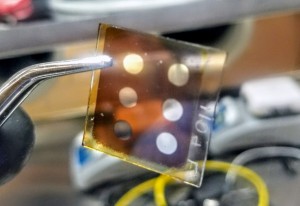 Iowa State engineers fabricated this proof-of-concept perovskite solar cell in their research lab Larger photo Photo courtesy of Harshavardhan Gaonkar