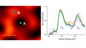 Imagen de la izquierda de un huésped molecular en forma de anillo que contiene solo un átomo de hierro El espectro de absorción de rayos X de la derecha de un solo átomo detectado en el sitio B en el anillo molecular El espectro coincide con el de la imagen CREDIT del Laboratorio Nacional de Argonne