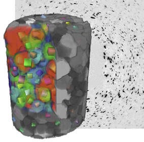 Direct visualization of a beta-Ti alloy 300 um diameter cylinder with overlaid 3D crystallographic information Direct visualization of a beta-Ti alloy 300 um diameter cylinder with overlaid 3D crystallographic information
