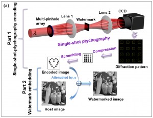 Schematic setups for optical watermarking based on single-shot-ptychography encoding Schematic setups for optical watermarking based on single-shot-ptychography encoding