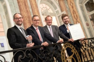 The four founding members of Nanoscribe Martin Hermatschweiler, Prof Dr Martin Wegener, Prof Dr Georg von Freymann, and Dr Michael Thiel from left to right, image KD Busch The four founding members of Nanoscribe Martin Hermatschweiler, Prof Dr Martin Wegener, Prof Dr Georg von Freymann, and Dr Michael Thiel from left to right, image KD Busch