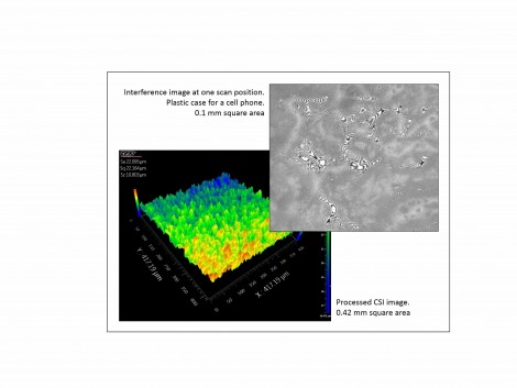 A comparison of an interference image at one scan position of a plastic case for a cell phone, and a processed CSI image.