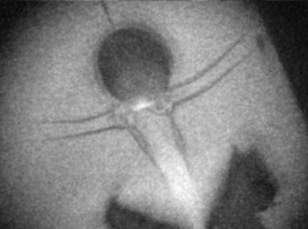 Image of a plasma jet interacting with a target. The system is schlieren imaged, with 30ns interframe and a pulsed power-driven dense plasma jet from the MAGPIE facility hitting the foam target and making an impressive bow shock.