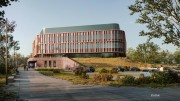 The visualisation shows the design for the planned research building OPTICUM - Optics University Center and Campus at Leibniz University Hannover, Germany The design comes from the international architectural office Henn Credit HENN