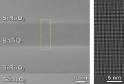 Electron microscope images show the precise atom-by-atom structure of thin film barium titanate BaTiO3 sandwiched between layers of strontium ruthenate SrRuO3 metal to make a tiny capacitor CREDIT Lane MartinBerkeley Lab