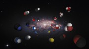 The illustration shows representations of the molecules found in the distant galaxy NCv1143, superimposed on an image of a similar galaxy in the nearby universeNGC 572taken in visible light by the Hubble telescope Credit ESAHubble, NASA, L Ho Jmol molecul
